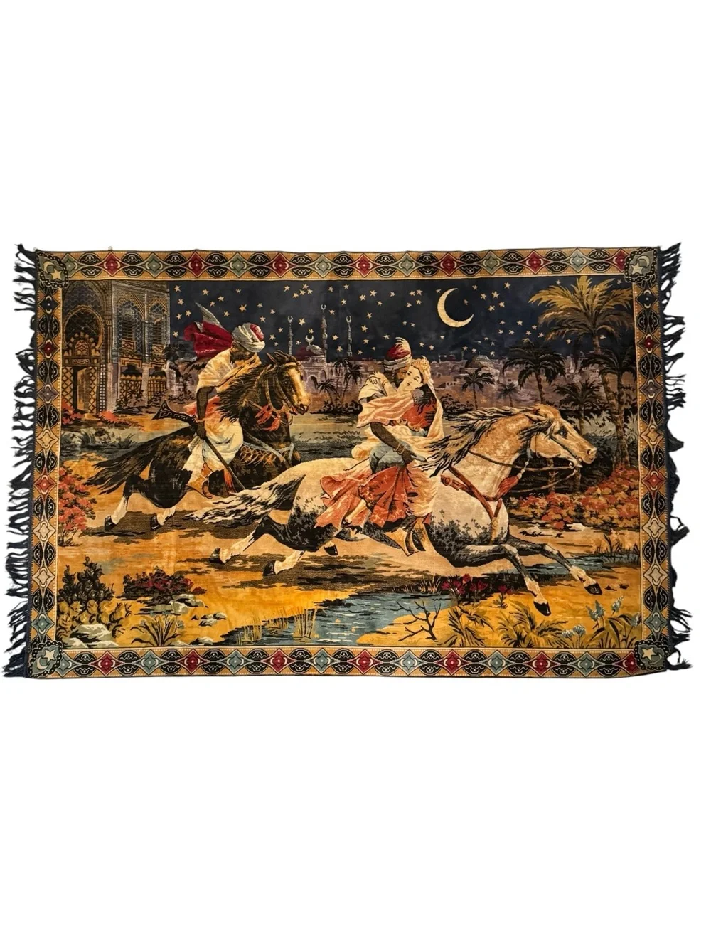 Vintage Mid Century Velvet Tapestry Arabian Nights Princess Abduction Wall Decor